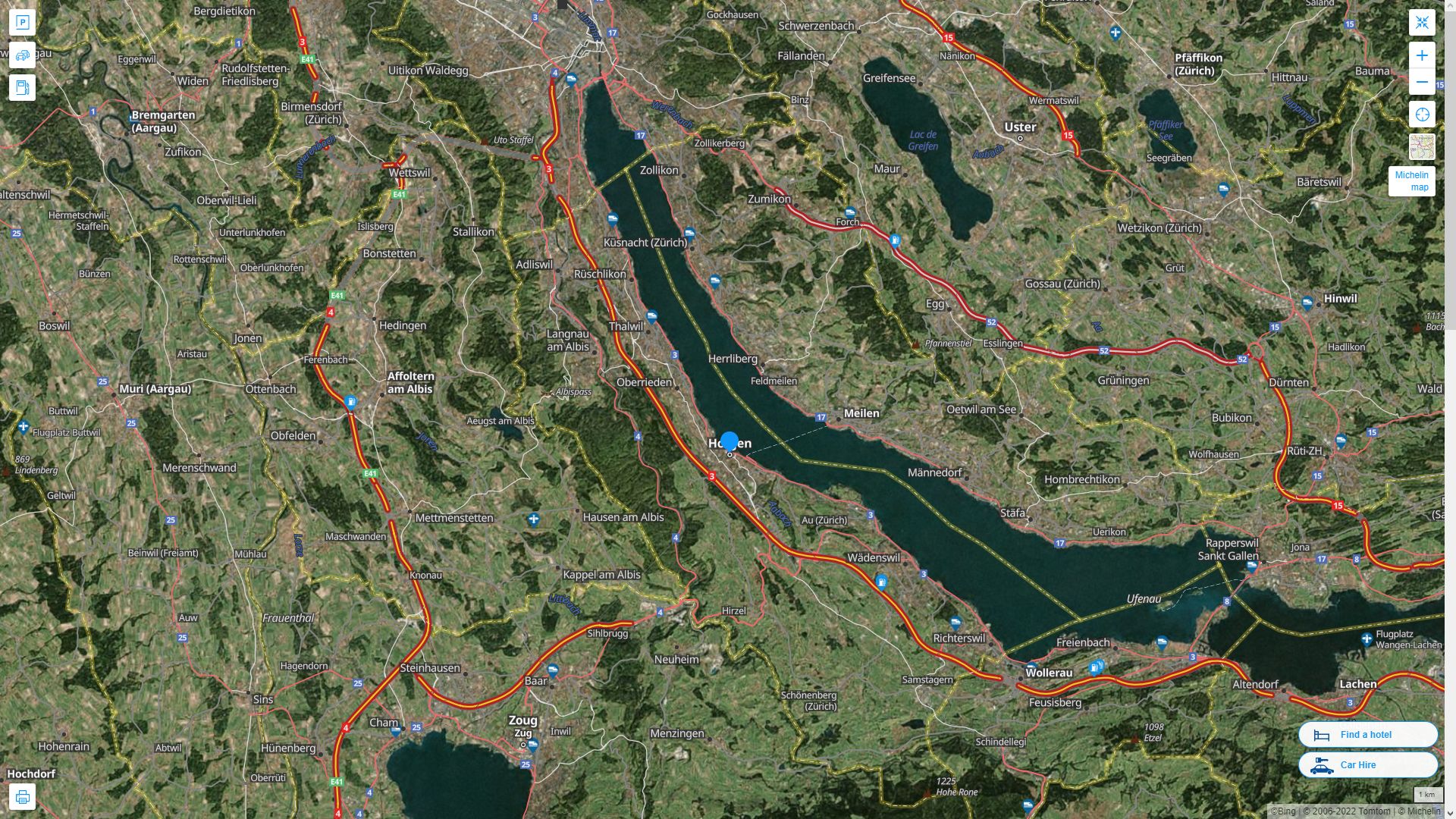 Horgen Suisse Autoroute et carte routiere avec vue satellite